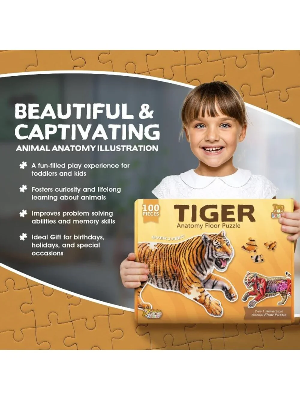 Large 100-Piece Tiger Anatomy Floor Puzzle | Double-Sided Jigsaw for Kids